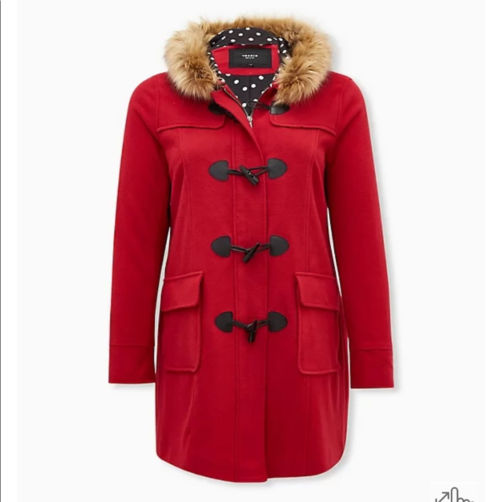 Torrid Red ponte hooded toggle coat.